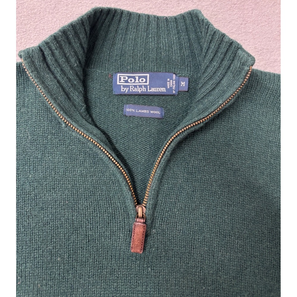 Polo Ralph Lauren Mens Green 100% Lambswool Quarter Zip Sweater Size M - Picture 4 of 10